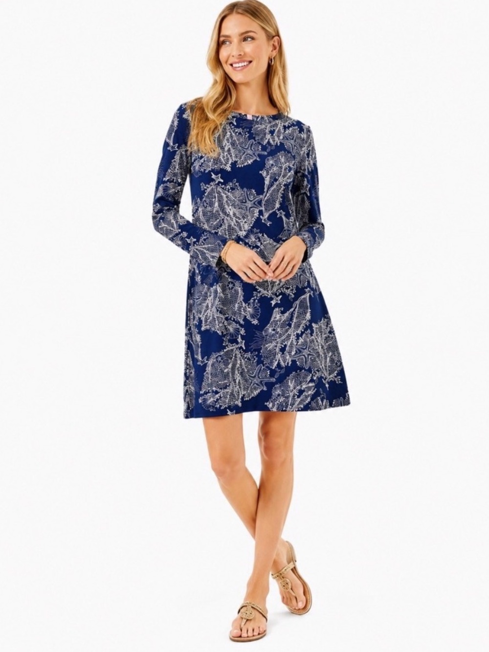 Lilly Pulitzer Reef Starfish Navy & White Long Sleeve Silk Dress